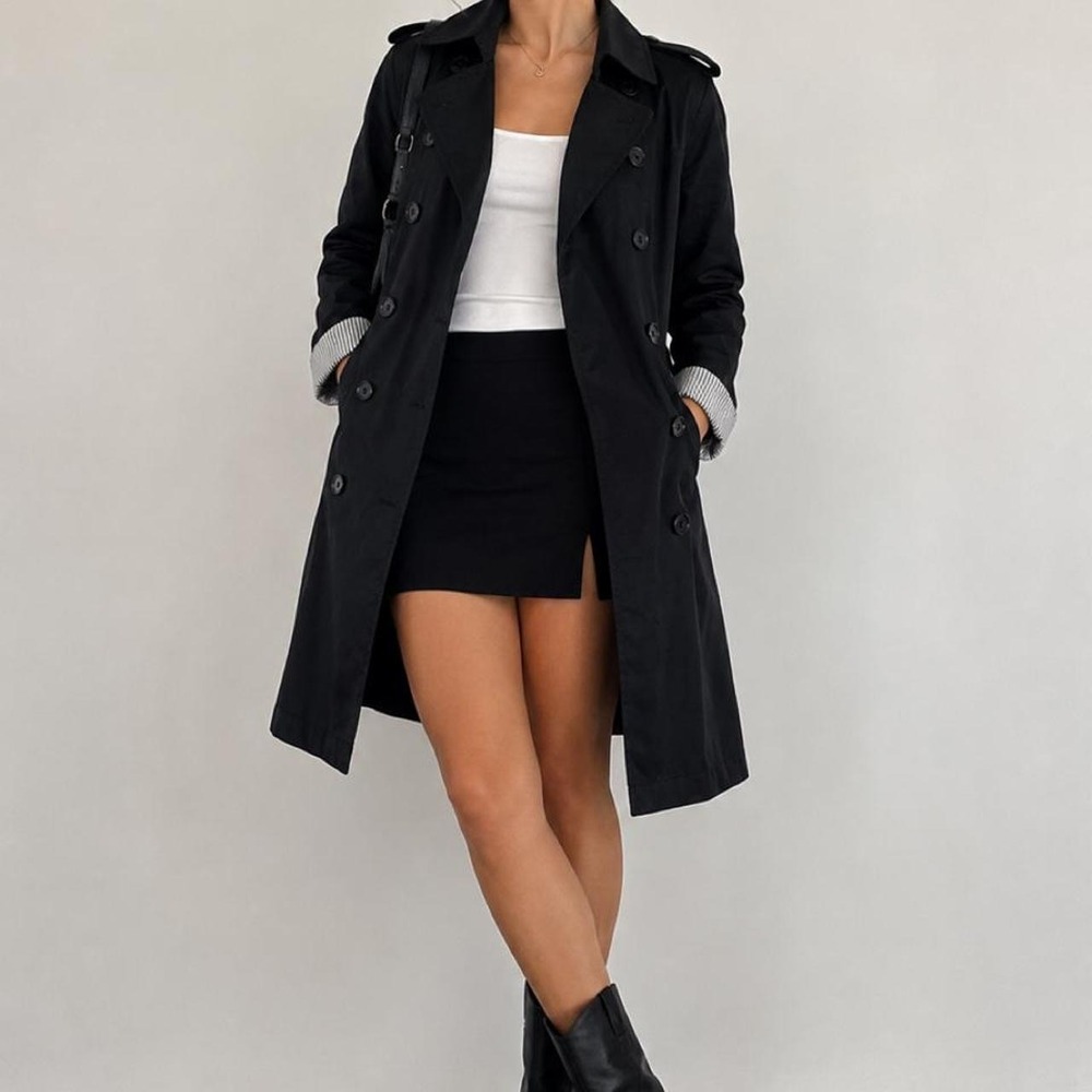 Dark Academia Black Double Breasted Trench Coat Striped Cuffs Size S